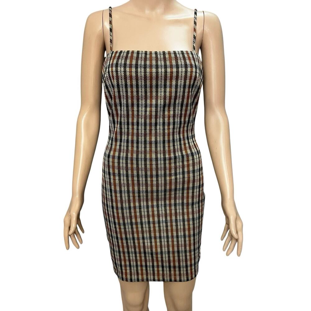 Fashion Nova Plaid Mini Dress Large Square Neck Brown Multi Fall Knit Academia